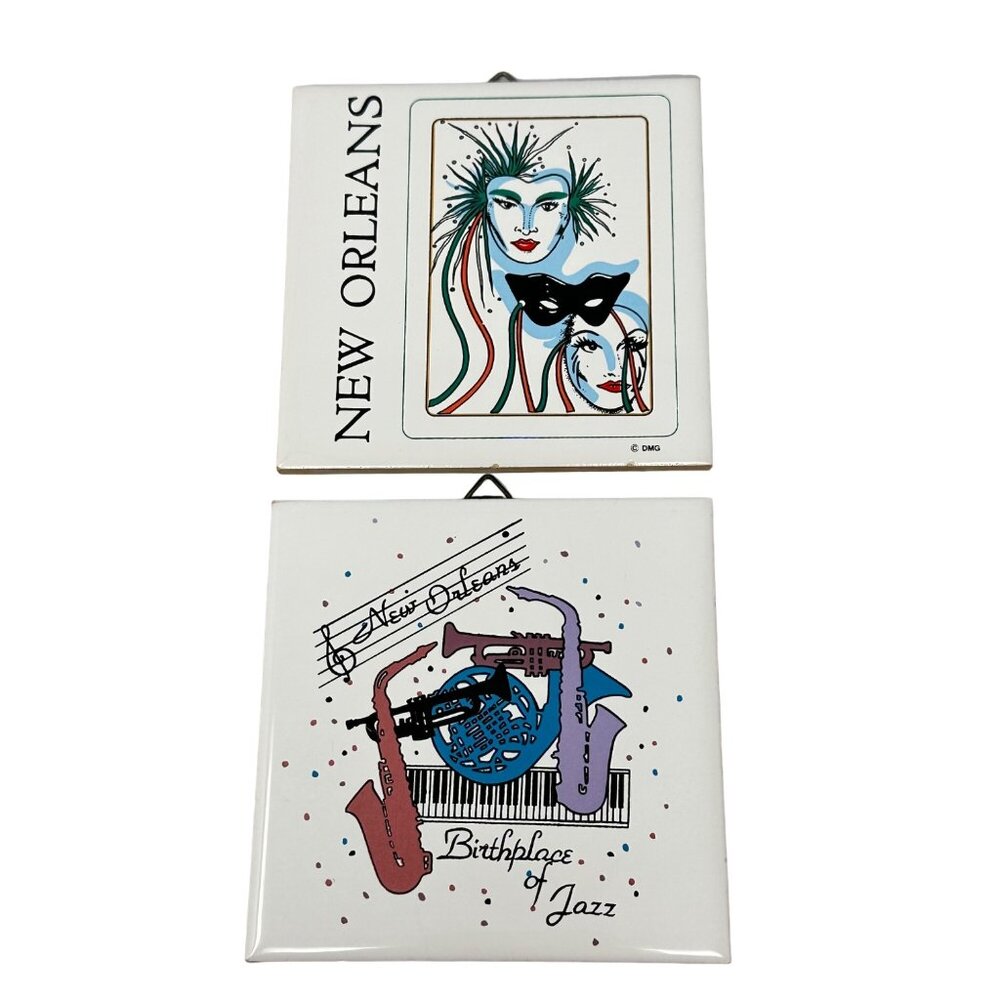 New Orleans Ceramic Wall Tiles Set Jazz Saxophone Party Masks Vintage 4.25"